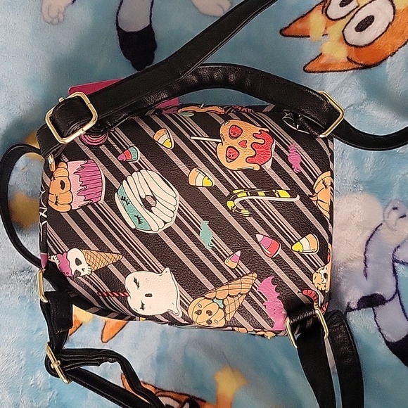 Betsy Johnson Black Print Dracula Puppy Treats Kitsch Mini Backpack - Picture 3 of 5